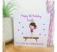 Personalised Handmade Girls Birthday Card Gymnastics Girl Brown Hair Daughter Granddaughter 6th 7th 8th any age