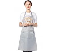 Personalised Handmade Wipeable Sanitazible Waterproof PVC Apron with Adjustable Neck Strap and Front Pocket, Add Your Text and Logo (Silver)