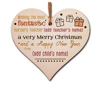 Personalised Handmade Wooden Christmas Hanging Heart Plaque Gift Wishing the most fantastic nursery teacher xmas wishes card alternative from child Thank You present