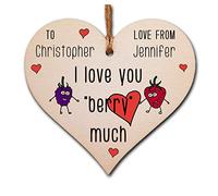 Personalised Handmade Wooden Hanging Heart Plaque Valentine's Gift I Love You Berry Much word play novelty gift for someone special boyfriend girlfriend husband wife funny romantic keepsake