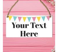 Personalised Hanging House Sign - Gift for Christmas, Anniversary, Wedding, Birthday, Father's Day - Custom Couple Garden Sign - 10 Designs (Mdf Wood Indoor Use Only 19cm x 9cm, Bunting Design)