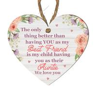 Personalised Hanging MDF Wooden Heart Plaque - Auntie Gift from Child, Best Friend Aunt Keepsake, Floral Design (Small: 10 cm (H) × 9 cm (W))