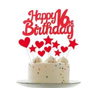 Personalised Happy 16th Birthday Cake Toppers Red Cake Decorations for Girls Kids 16th Birthday Cake Cupcake Topper, Glitter Cakes Banner Decoration for 16 Birthday Anniversary Party Supplies