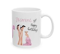 Personalised Happy 18th, 21s, 30th, 40th, 50th 60th Birthday Coffee Mug, A Lovely Variety to Choose from. White Ceramic with Pink Design, 11 oz
