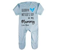 Personalised Happy 1st Mother's Day as my Mummy love name (blue heart) [MDB23] baby romper jumpsuit with feet, 0-3 months, Pastel Blue