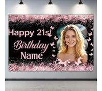 Personalised Happy 21st Birthday Backdrop, Black Pink Glitter Butterfly Birthday Banner Fabric Curtain Poster, Sweet 21 Birthday Party Photo Booth Background Decor for Women (180x110)