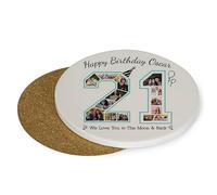 Personalised Happy 21st Birthday Photo Collage, Gift For Born in 2003, Tableware, Coffee, Tea, Drink Coaster. (Round Ceramic Coaster)