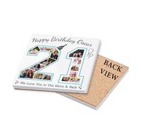Personalised Happy 21st Birthday Photo Collage Mug, Gift For Born in 2003, Tableware, Coffee, Tea, Drink Coaster. (Square Ceramic Coaster)