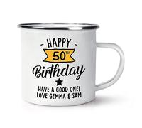 Personalised Happy 50th Birthday Yellow Banner Enamel Mug Cup