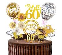 Personalised Happy 60th Birthday Cake Toppers,21 PCS Glittery Cake Topper for Man Women Gold Theme Birthday Party Decor,Gold Cake Decoration with Candles,Stars,Confetti Balloons and Paper Fans