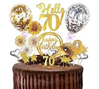 Personalised Happy 70th Birthday Cake Toppers,21 PCS Glittery Cake Topper for Man Women Gold Theme Birthday Party Decor,Gold Cake Decoration with Candles,Stars,Confetti Balloons and Paper Fans