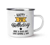 Personalised Happy 70th Birthday Yellow Banner Enamel Mug Cup