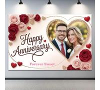 Personalised Happy Anniversary Backdrop Custom Couple Photo, Romantic Red Rose Gold Heart Wedding Anniversary Banner, Forever Sweet Love Party Photo Booth Background Decor (180x110)