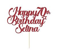 Personalised Happy Birthday Cake Topper Cake Decorations Double Sided Glitter Cake Toppers Custom Gifts for Women Men Friend with Any Age Name on 1st 10th 20th 30th 40th 50th (Red)
