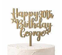 Personalised Happy Birthday Cake Topper - Custom Name & Age Wooden Decoration, 3mm Thick with Food Safe Sleeve, Kids, Adult Cakes 1st 16th 18th 30th 40th 50th 60th (Gold, 6 Inches (Width))