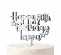 Personalised Happy Birthday Cake Topper - Custom Name & Age Wooden Decoration, 3mm Thick with Food Safe Sleeve, Kids, Adult Cakes 1st 16th 18th 30th 40th 50th 60th (Silver, 9 Inches (Width))