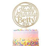 Personalised Happy Birthday Cake Topper, Cute Birthday Cake Decor Suitable for all Ages and all Kinds of Cakes. Non-shed Double Sided Glitter Cake Decoration | 5 Colours(Champagne Gold)