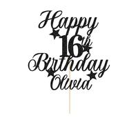 Personalised Happy Birthday Cake Topper Double Sided Glitter Cake Toppers Custom Cake Topper with Any Name & Age Birthday Cake Decorations for 18th 21st 30th 40th 50th (Black)