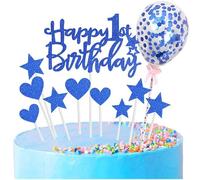Personalised Happy Birthday Cake Toppers - Blue for Baby Boy & Girl, Glitter Cupcake Toppers - 11p, 1st Birthday Cake Decorations
