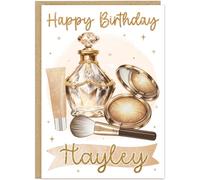 Personalised Happy Birthday Card for Her - Customised Name Banner - Glamorous Makeup Perfume Beauty Design - 8 Colours Gold Pink Rose Gold Teal - Girls Birthday Cards, Gold