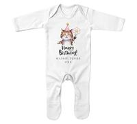 Personalised Happy Birthday Cat Romper Suit Baby Girl Turns One 1st Party Celebrations Babies Sleepsuit, 0-3 Months, White