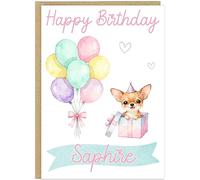Personalised Happy Birthday Dog Breed Card - Custom Add Own Name Cute Puppy Dog Breed Design - Fun Pastel Puppy Birthday Greeting Cards for Girls Kids Teens Granddaughter (Chihuahua)