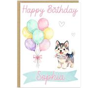Personalised Happy Birthday Dog Breed Card - Custom Add Own Name Cute Puppy Dog Breed Design - Fun Pastel Puppy Birthday Greeting Cards for Girls Kids Teens Granddaughter (Husky)