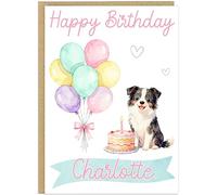 Personalised Happy Birthday Dog Breed Card - Custom Add Own Name Cute Puppy Dog Breed Design - Fun Pastel Puppy Birthday Greeting Cards for Girls Kids Teens Granddaughter (Border Collie)