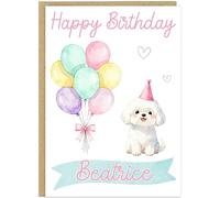 Personalised Happy Birthday Dog Breed Card - Custom Add Own Name Cute Puppy Dog Breed Design - Fun Pastel Puppy Birthday Greeting Cards for Girls Kids Teens Granddaughter (Maltese)