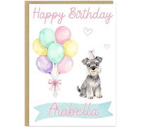 Personalised Happy Birthday Dog Breed Card - Custom Add Own Name Cute Puppy Dog Breed Design - Fun Pastel Puppy Birthday Greeting Cards for Girls Kids Teens Granddaughter (Schnauzer)