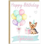 Personalised Happy Birthday Dog Breed Card - Custom Add Own Name Cute Puppy Dog Breed Design - Fun Pastel Puppy Birthday Greeting Cards for Girls Kids Teens Granddaughter (Yorkshire Terrier)
