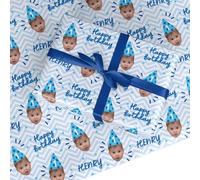 Personalised Happy Birthday Face Blue Wrapping Paper - Custom Photo Upload Gift Wrap for Boys & Men - Funny Novelty for Any Age - Eco Friendly & Recyclable - Small Roll (60cm x 2.2m)