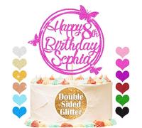 Personalised Happy Birthday Glitter Cake Topper, Custom Cake Topper Any Name & Age, Round Butterfly Cake Toppers, Birthday Party Cake Decorations for 18th 30th 40th 50th 60th 70th (Pink)