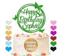 Personalised Happy Birthday Glitter Cake Topper, Custom Cake Topper Any Name & Age, Round Butterfly Cake Toppers, Birthday Party Cake Decorations for 18th 30th 40th 50th 60th 70th (Green)