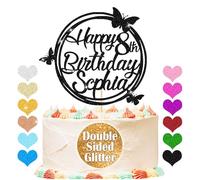 Personalised Happy Birthday Glitter Cake Topper, Custom Cake Topper Any Name & Age, Round Butterfly Cake Toppers, Birthday Party Cake Decorations for 18th 30th 40th 50th 60th 70th (Black)