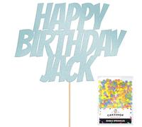 Personalised Happy Birthday Glitter Cake Topper - Light Blue Any Name Glitter Cake Decoration Comic and Sprinkles - Happy Birthday Decorations - Personalised Toppers for Cakes by Cakeshop