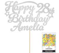Personalised Happy Birthday Glitter Cake Topper Stars - Light Silver Any Name & Any Age Glitter Cake Decoration and Sprinkles - Happy Birthday Decorations - Personalised Toppers for Cakes by Cakeshop