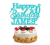 Personalised Happy Birthday Glitter Cake Topper with 10 Different Designs Cake Decorations with Any Name Age Party Cake Decoration for 1st 10th 13th 16th 18th 20th 21st 50th 80th (Design 2, Sky Blue)