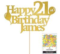 Personalised Happy Birthday Glitter Cake Topper with Balloons - Gold Any Name Age Glitter Cake Decoration and Sprinkles - Happy Birthday Decorations - Personalised Toppers for Cakes by Cakeshop