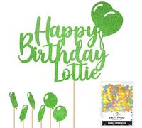Personalised Happy Birthday Glitter Cake Topper with Balloons - Green Any Name Glitter Cake Decoration and Sprinkles - Happy Birthday Decorations - Personalised Toppers for Cakes by Cakeshop