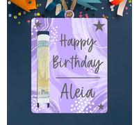 Personalised Happy Birthday Money Note Holder Plaque - Custom Name Gift for Kids, Teens & Adults - Unique Wooden MDF Money Slot Keepsake - Creative Birthday Cash Idea (Purple Abstract)