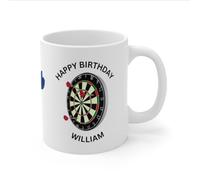 Personalised Happy Birthday Mug with Dart Board Design, White, Darts, Birthday, Sport