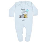 Personalised Happy Birthday Mummy | Daddy | Nanny | Grandad with Classic Pooh Bear Hundred Acre Wood on Blue Baby Clothing (Babygrow/Vest) (UK, Age, 9 Months, 12 Months, Blue: Babygrow)