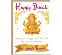 Personalised Happy Diwali Card Traditional Designs Diya Om Ganesha Custom Name/s On The Banner Festival of Lights Greeting Cards for Family Friends - 6 Elegant Designs Custom Family Name, Design 5