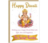 Personalised Happy Diwali Card Traditional Designs Diya Om Ganesha Custom Name/s On The Banner Festival of Lights Greeting Cards for Family Friends - 6 Elegant Designs Custom Family Name, Design 4