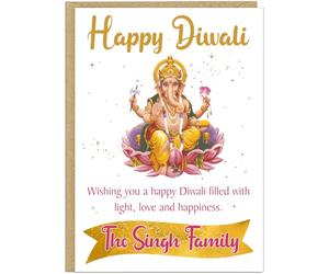 Personalised Happy Diwali Card Traditional Designs Diya Om Ganesha Custom Name/s On The Banner Festival of Lights Greeting Cards for Family Friends - 6 Elegant Designs Custom Family Name, Design 4