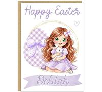 Personalised Happy Easter Card For Girls - Custom Name Little Girl With Bunny Chick Eggs - Brown Blonde Black Hair Choices - Thoughtful Easter Keepsake For Daughter or Granddaughter (Brunette Hair 2)