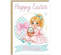 Personalised Happy Easter Card For Girls - Custom Name Little Girl With Bunny Chick Eggs - Brown Blonde Black Hair Choices - Thoughtful Easter Keepsake For Daughter or Granddaughter (Blonde Hair)