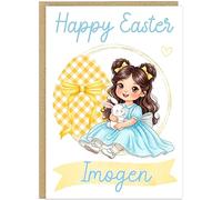 Personalised Happy Easter Card For Girls - Custom Name Little Girl With Bunny Chick Eggs - Brown Blonde Black Hair Choices - Thoughtful Easter Keepsake For Daughter or Granddaughter (Brunette Hair 1)