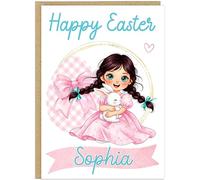 Personalised Happy Easter Card For Girls - Custom Name Little Girl With Bunny Chick Eggs - Brown Blonde Black Hair Choices - Thoughtful Easter Keepsake For Daughter or Granddaughter (Brunette Hair 3)